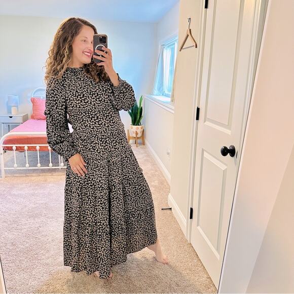 THE GREAT. Black Tan Floral Tiered Long Sleeve Maxi Dress 1 Small - Picture 1 of 16